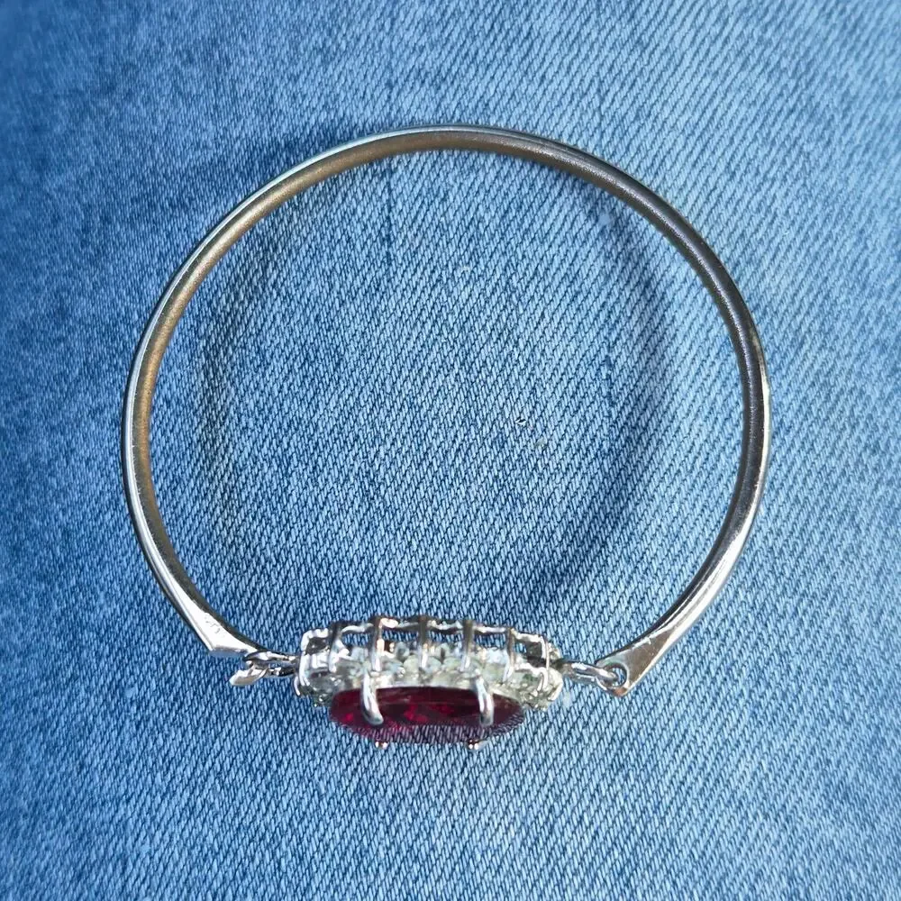 Vintage Faux‎ Ruby Rhinestone Halo Bangle Bracelet Silver Tone Cuff Whimsigoth